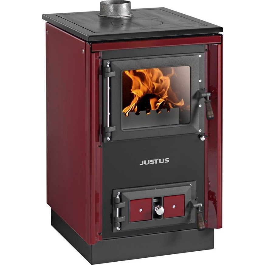 Justus - Rustico-50 2.0 - Stahlkochfeld rot, Festbrennstoffherd, 7 kW, Scheibenspülung