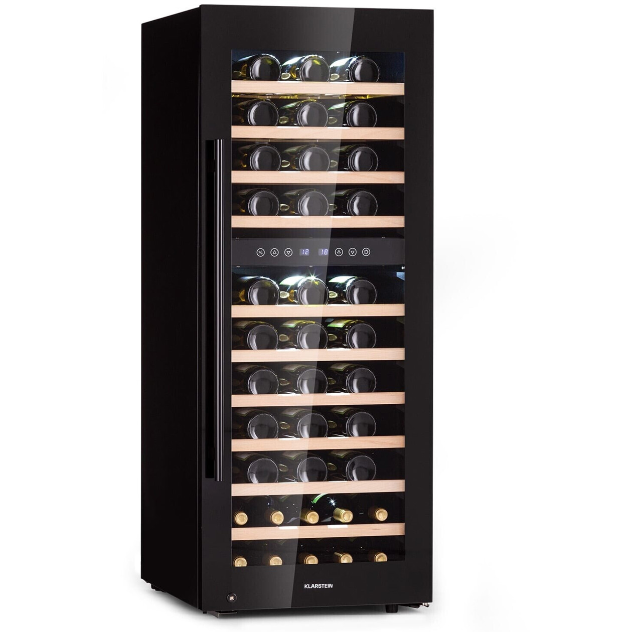 Klarstein - Barossa 73 Duo - Weinkühlschrank - 73 Flaschen, 192 Liter, 1 Temperaturzone, Glastür, Holzlagerböden, schwarz, freistehend