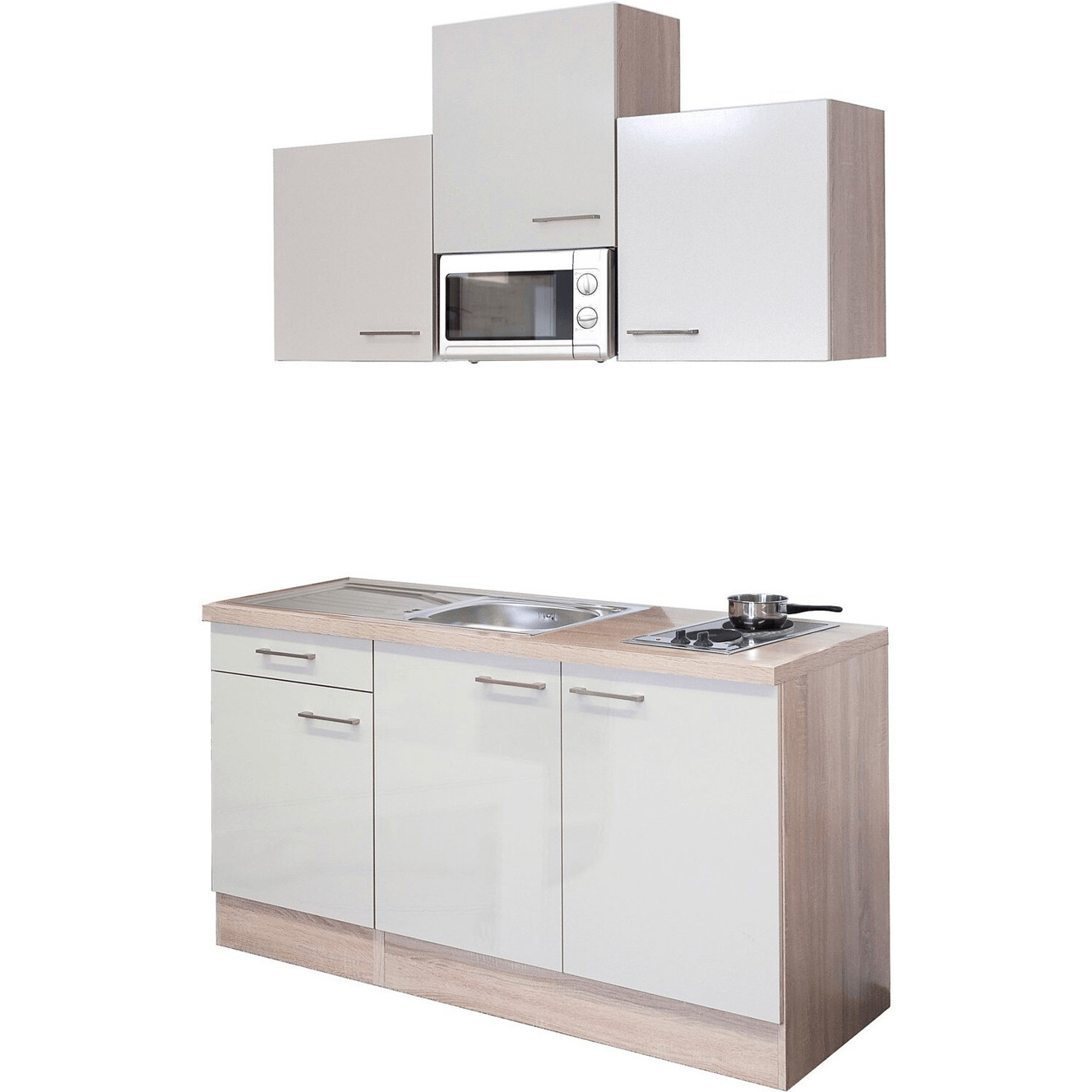 Flex-Well - Kompaktküche Nepal 150 cm - braun Sonoma Eiche Dekor - mit Kühlschrank mit Kochfeld mit Schublade