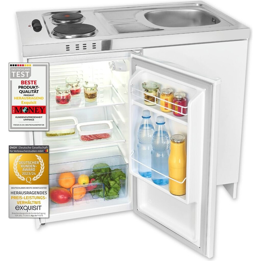Exquisit - KK1085 Kompaktküche weiß - 100 cm Breite, 75 L Kühlbereich, mit Kühlschrank und Kochfeld