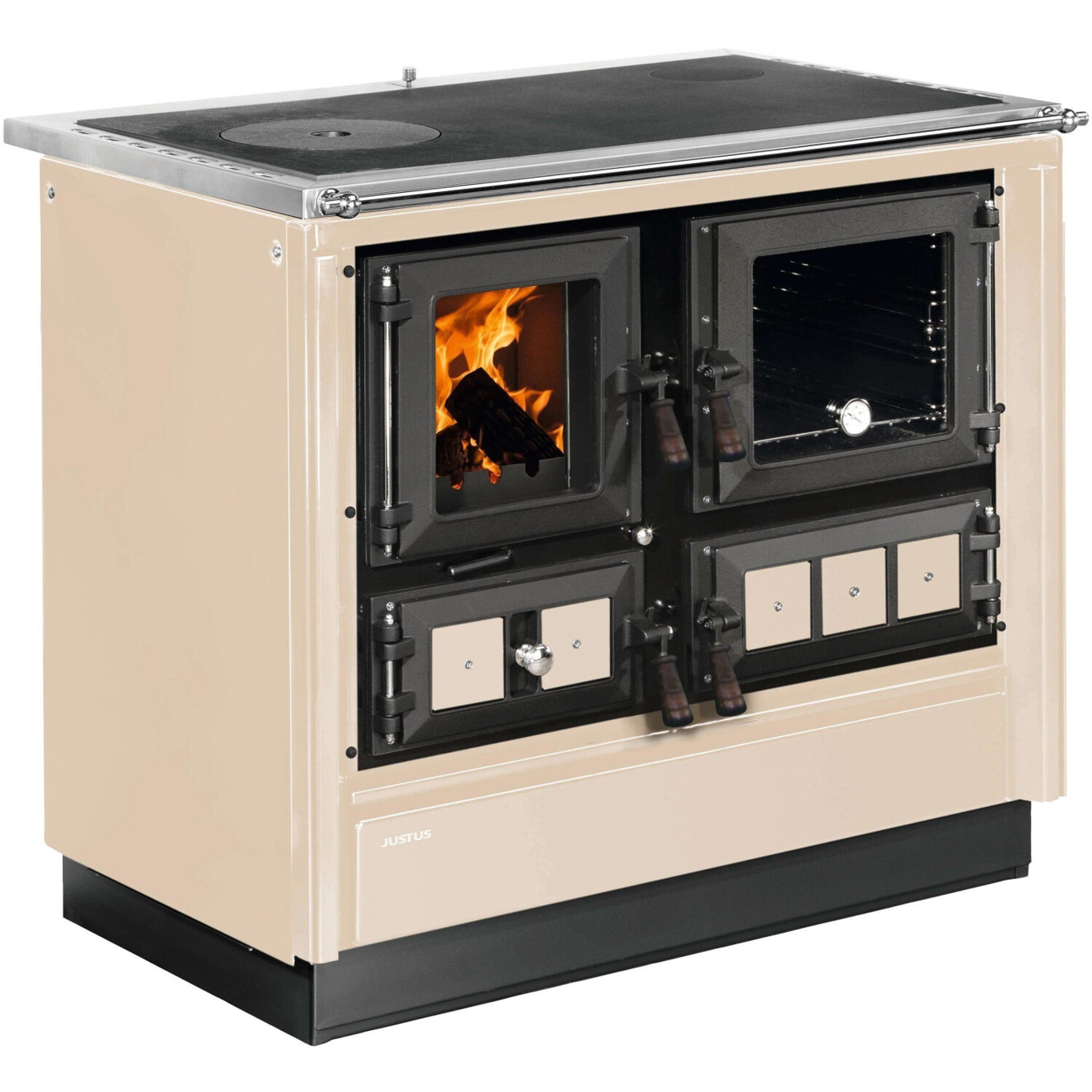 Justus - Rustico-90 2.0 rechts - Stahl creme Holzherd 7 kW Zeitbrand mit Backofen