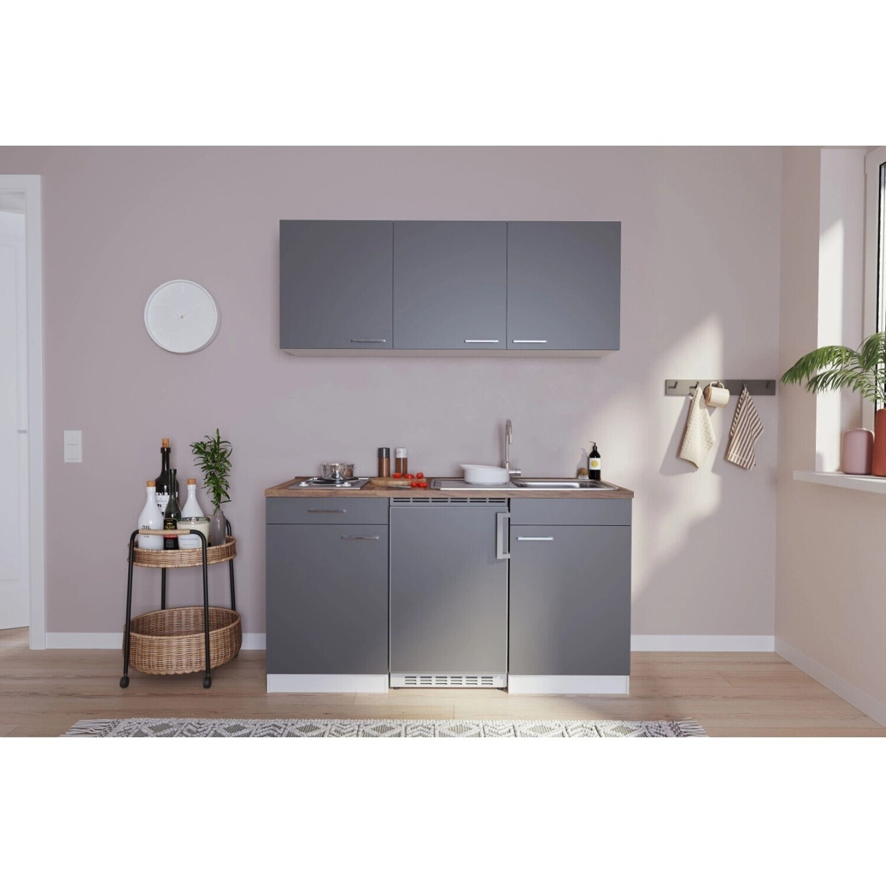 Respekta - Kompaktküche KB150WG - grau, 150 cm, mit Kochfeld und Kühlschrank