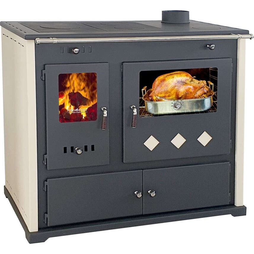 Prometey Kaminofen Practik LUX - Holzherd mit Backfach und Sichtfenster - 9,5 kW, beige