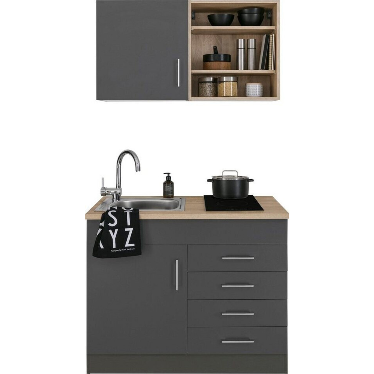 Kochstation - Pantryküche Mali Kompaktküche 100cm grafit grau mit Glaskeramikkochfeld und Spüle