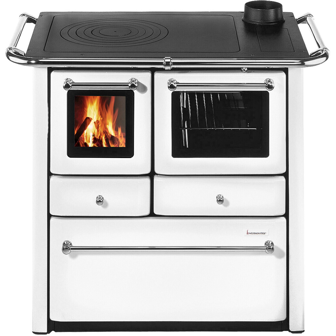 Wamsler - K 85 F Holzherd - rechts, weiß, 6 kW, Gusseisen Kochfeld, Sichtfenster, 35 Liter Backofen