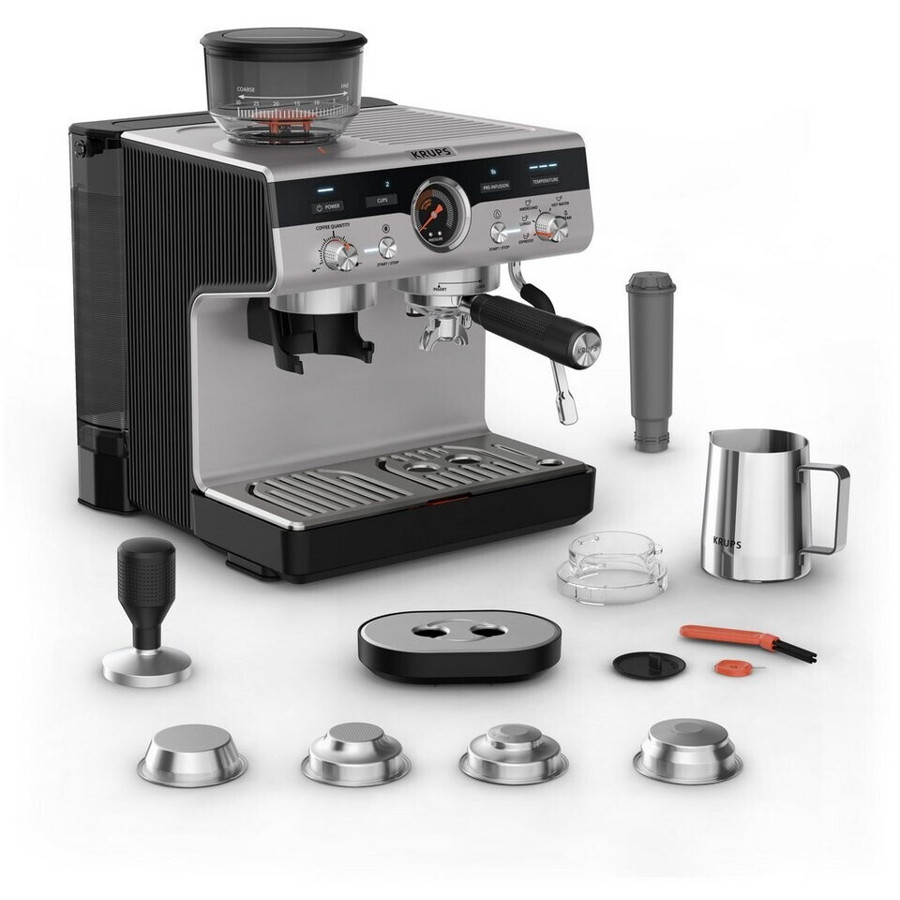Krups - Espressomaschine XP801T - Kaffeehalbautomat - Mahlwerk - Edelstahlmahlwerk - schwarz silber
