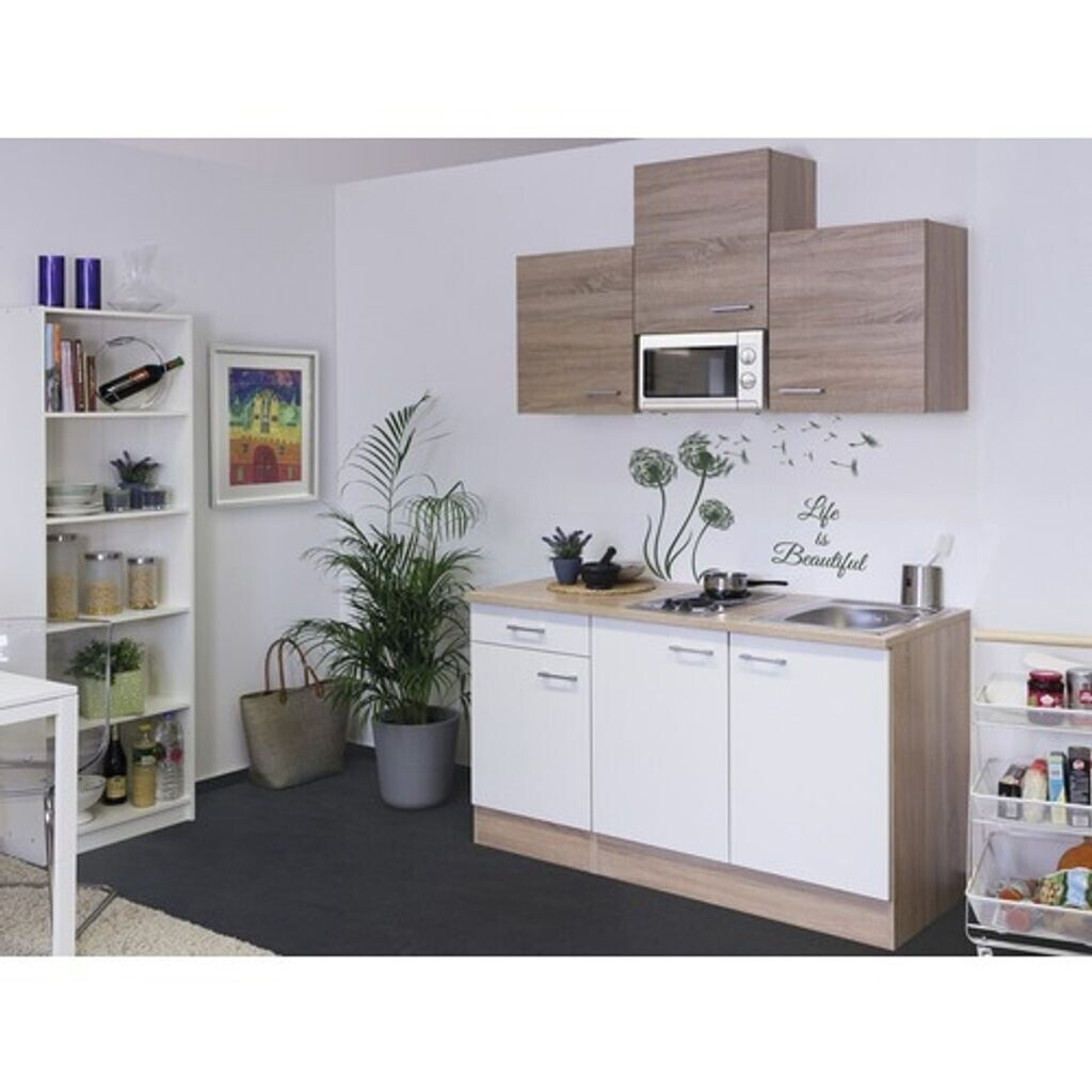 Flex-Well Kompaktküche Samoa Eiche 150cm mit Mikrowelle und Kochfeld in Weiß und Braun
