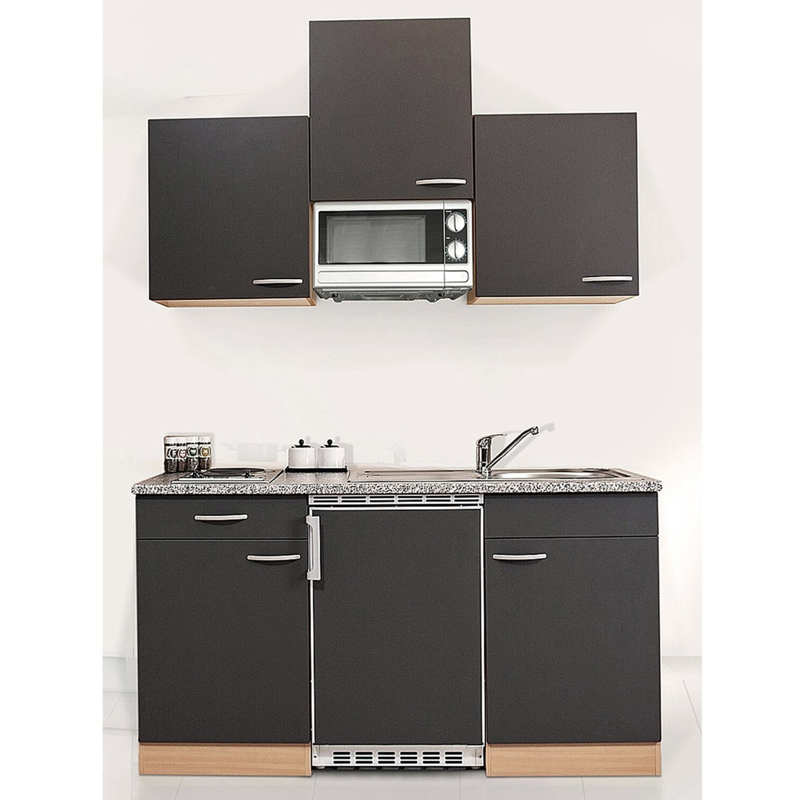 Respekta - Kompaktküche KB 150 BGMI - 150 cm Breite, 68 L Kühlteil, Mikrowelle, Kochfeld, braun