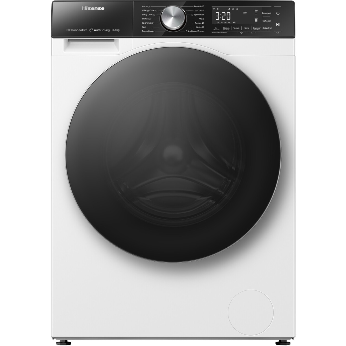 Hisense WF5S1045BW Waschmaschine - 10,5 kg, WLAN, Edelstahl, freistehend, säulenfähig, automatische Waschmitteldosierung, Endzeitvorwahl