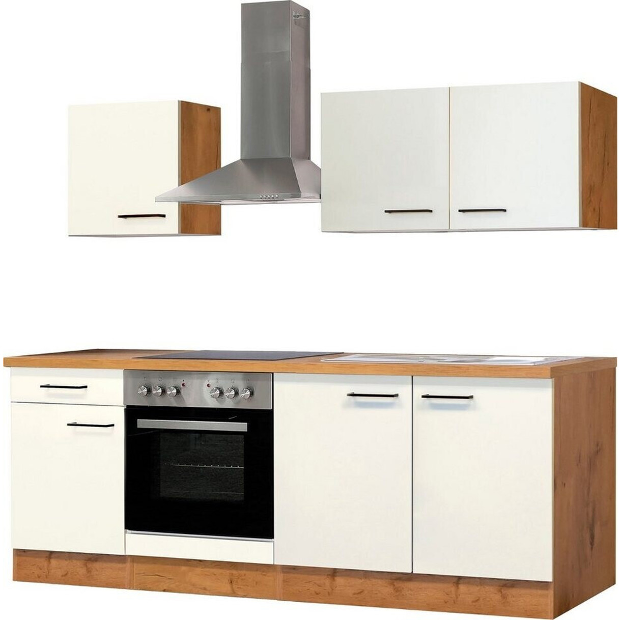 Flex-Well - Küchenzeile Vintea - Magnolia | Lancelot Oak weiß, Kompaktküchenzeile, 210 cm, weiß, mit Glaskeramik-Kochfeld, mit Backofen