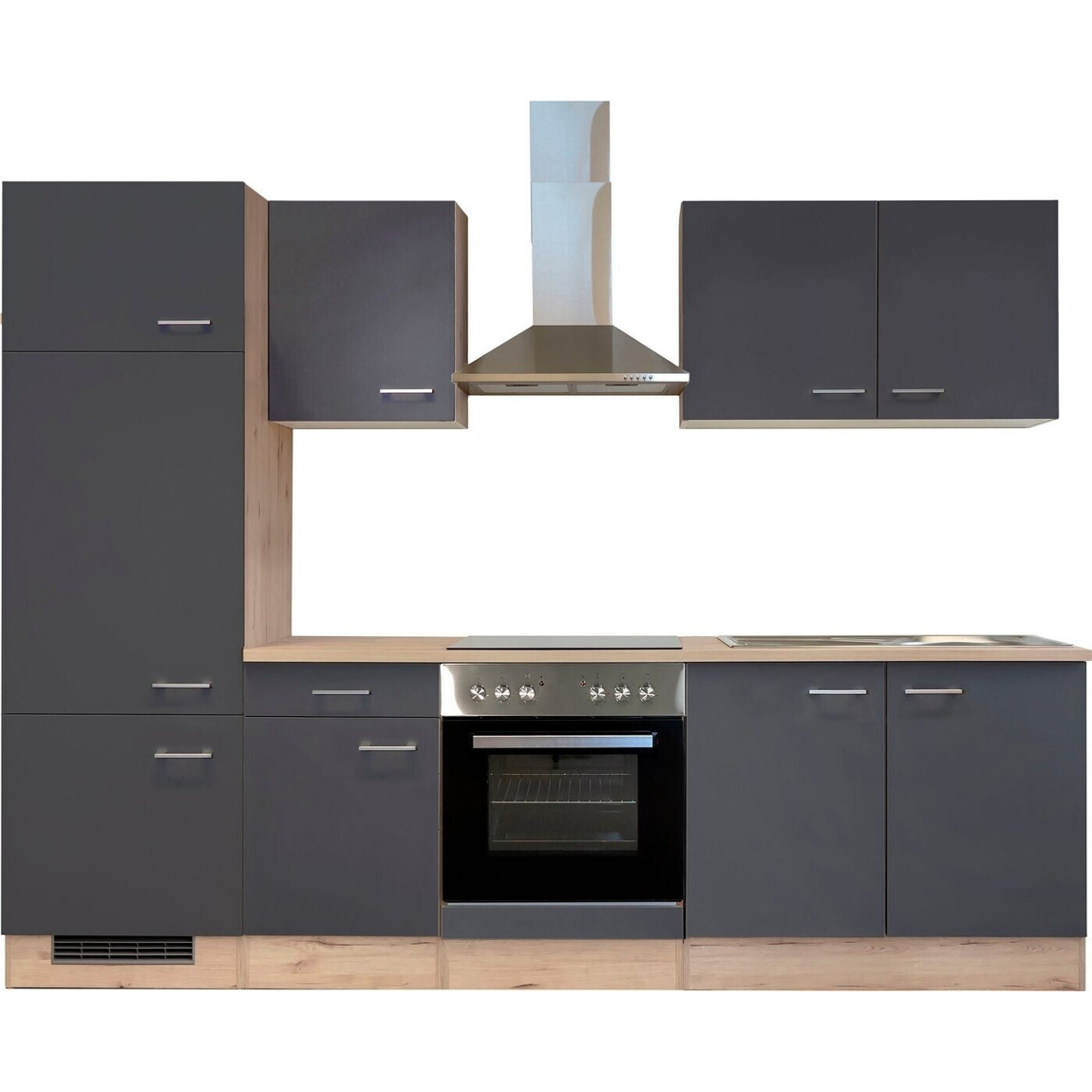 Flex-Well Küchenzeile Morena - Basaltgrau matt, 270 cm, mit Kühlschrank