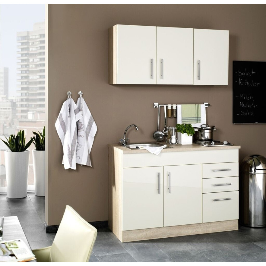Held Möbel Miniküche TORONTO 120 cm Creme mit Schublade, Hängeschrank, Edelstahlspüle, Kochfeld