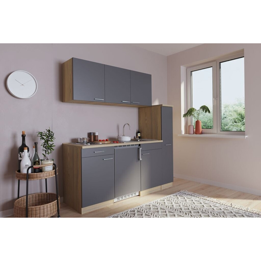 Respekta - Kompaktküche KB180ESG - Grau - 180 cm - Mit Mikrowelle, Kühlschrank, Schublade