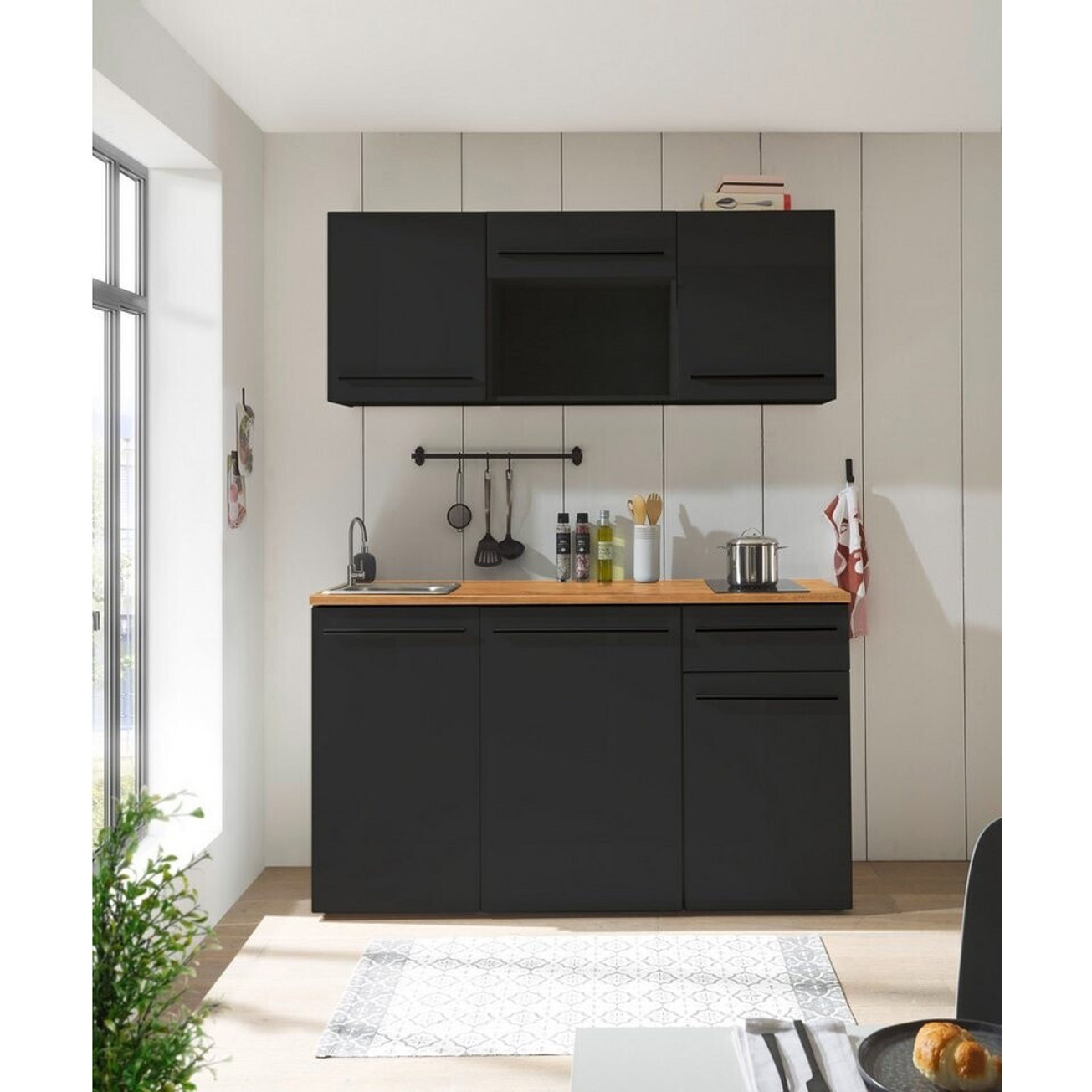 Basic By Balculina Kompaktküche JAZZ 160 cm Schwarz matt/Eiche mit Kühlschrank und Glaskeramikkochfeld