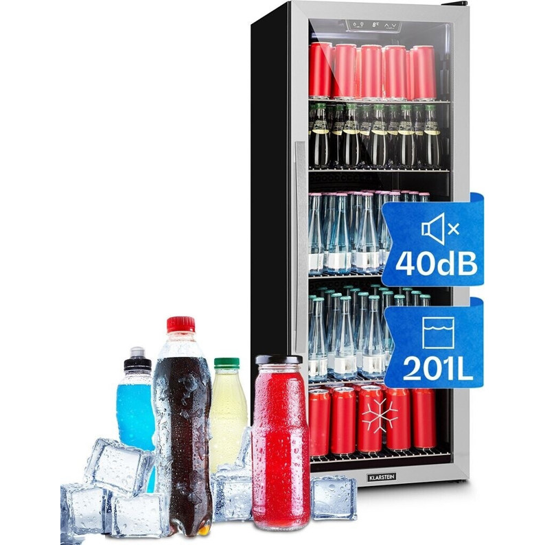 Klarstein Beersafe 5XL - Getränkekühlschrank - 201 L Kapazität, Glastür, silber, Edelstahl 48 x 129 x 60 cm (B x H x T)