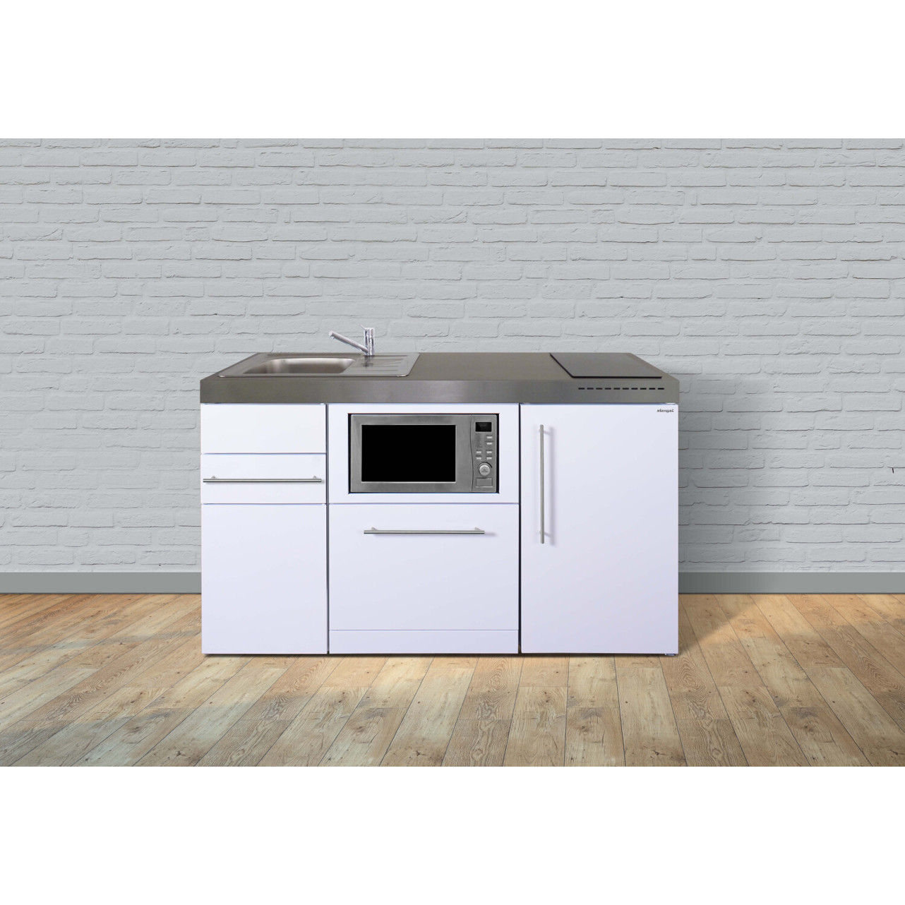 Stengel - MPGSM 150 Kompaktküche - Weiß, mit Spüle, Kühlgefrierkombination, Induktionskochfeld, 150 cm Breite