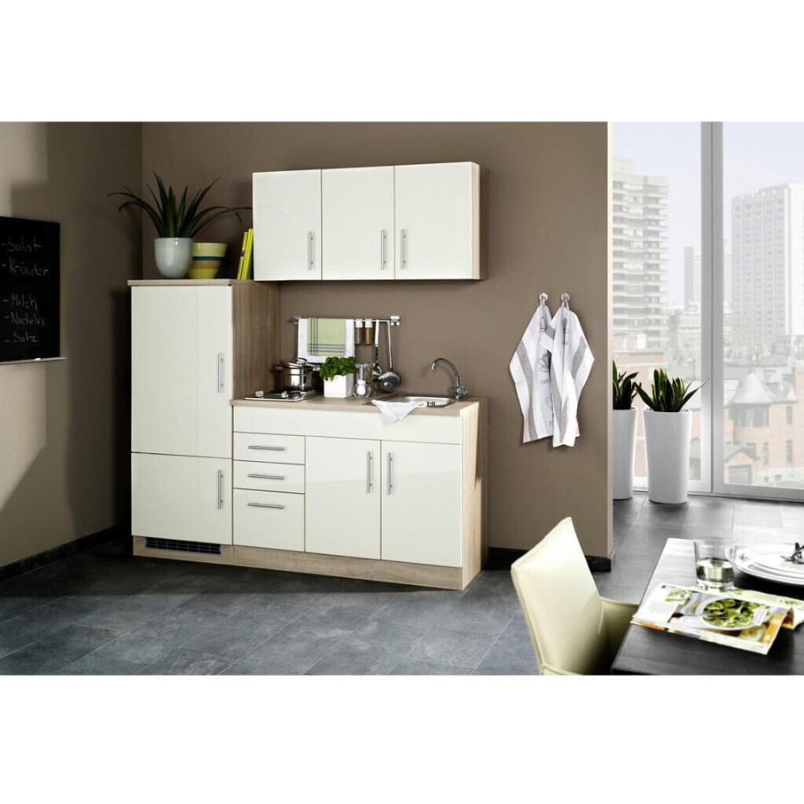 Held Möbel Singleküche 180 beige mit Kühl-/Gefrierschrank und Glaskeramik-Kochfeld
