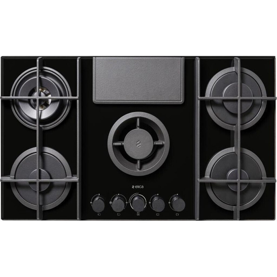 Elica NikolaTesla Flame PRF0147740A - Gaskochfeld mit Dunstabzug, 4 Kochstellen, schwarz, 88 cm