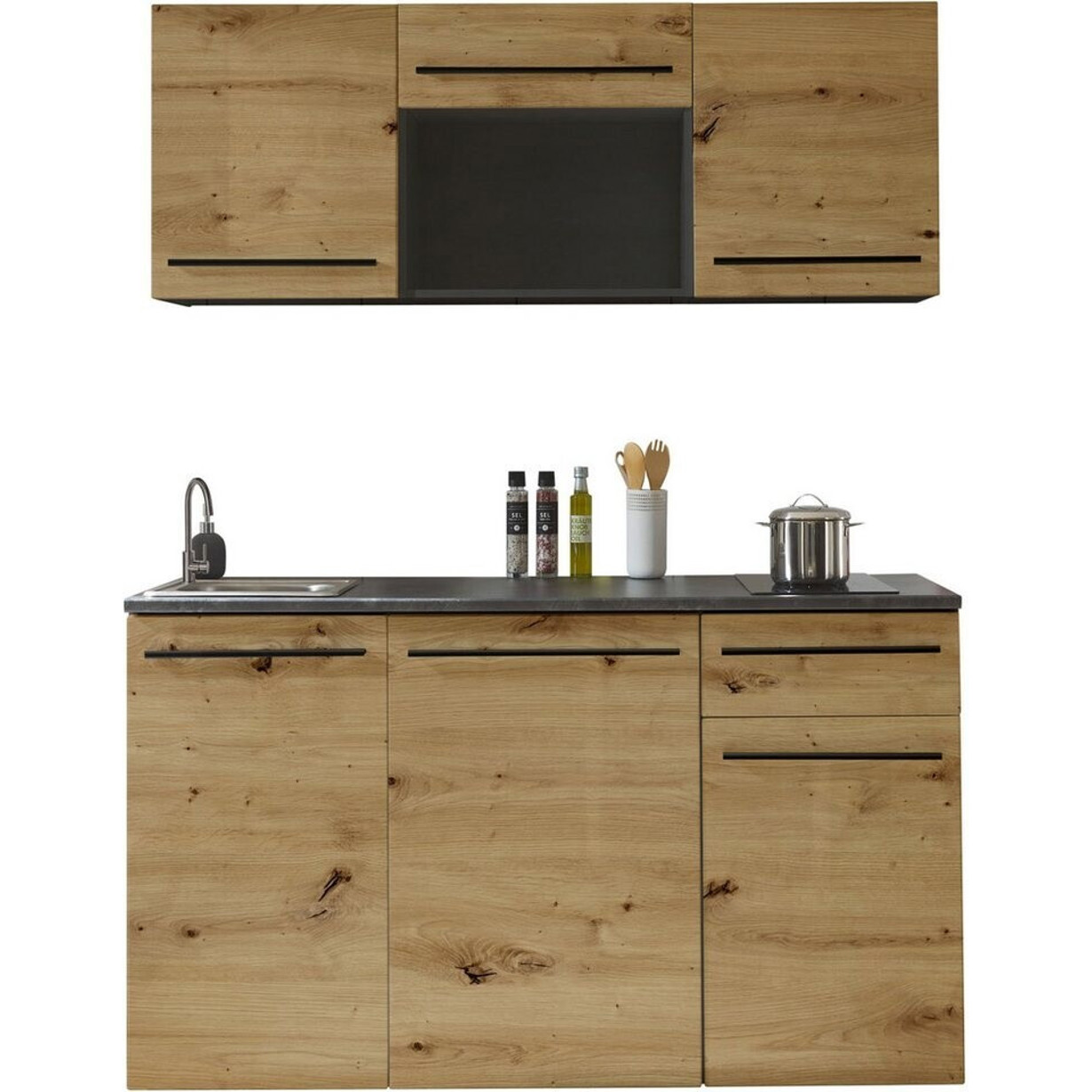Basic By Balculina - Pantryküche JAZZ - Kompaktküche mit E-Geräten, braun/schwarz, 160 cm