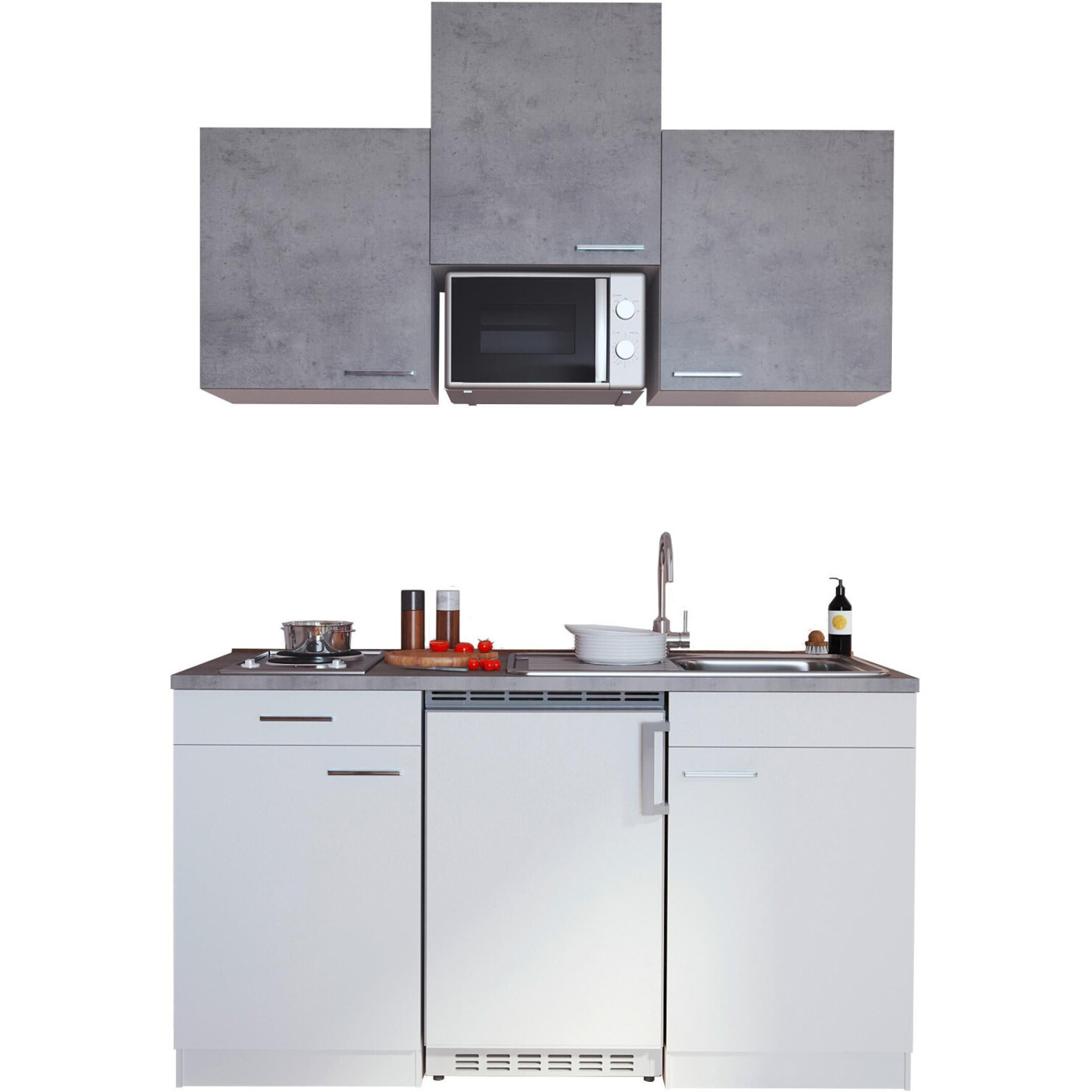 Respekta - Küchenzeile Betonoptik/Weiß - 150 cm - Miniküche mit Elektrogerät, Kühlschrank, Kochfeld, Mikrowelle