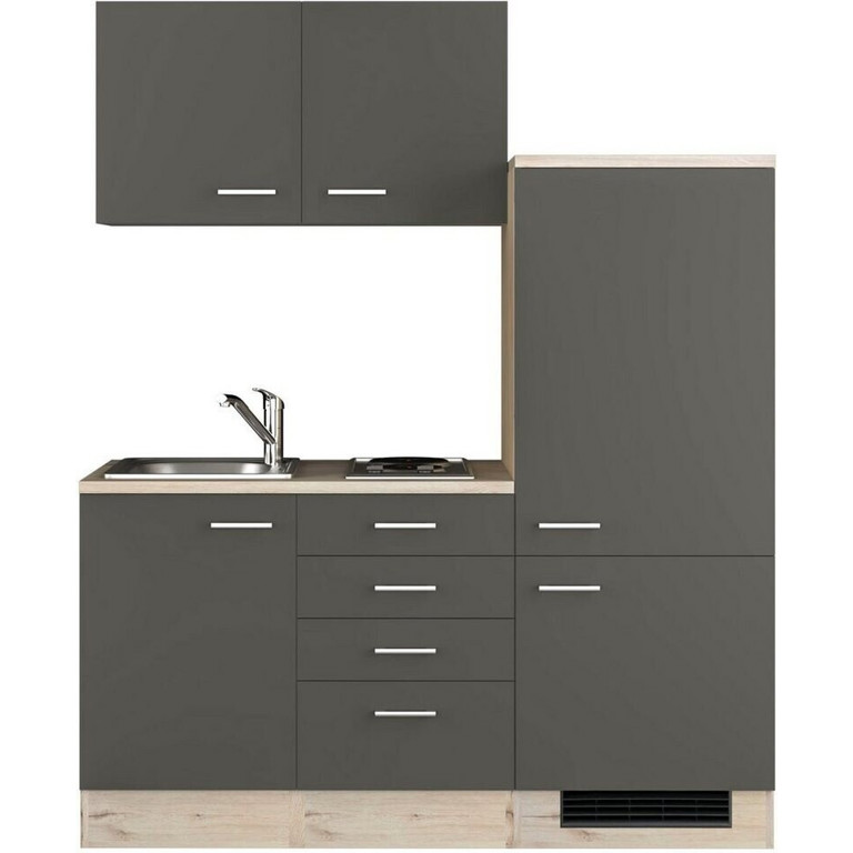 Flex-Well - Kompaktküche Morena - 160 cm - grau - mit Kühlschrank und Schublade