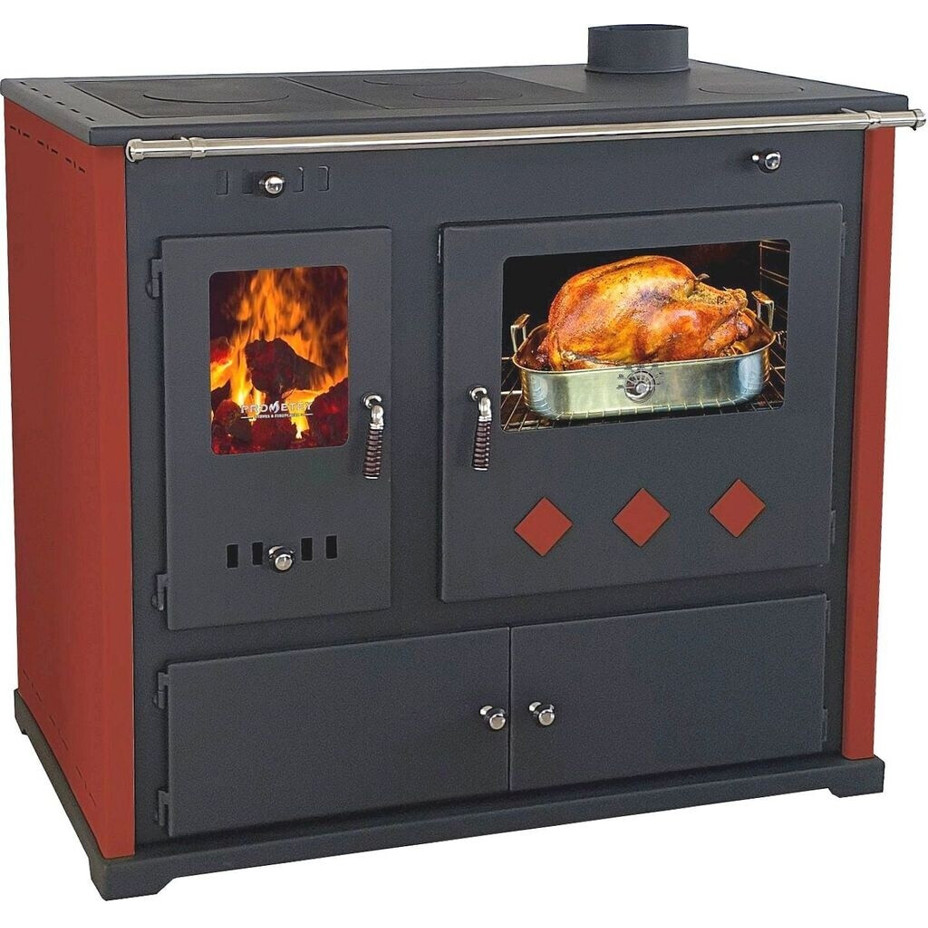 Prometey Pracktik LUX Kaminofen mit Backfach Rot 9,5 kW Festbrennstoffherd