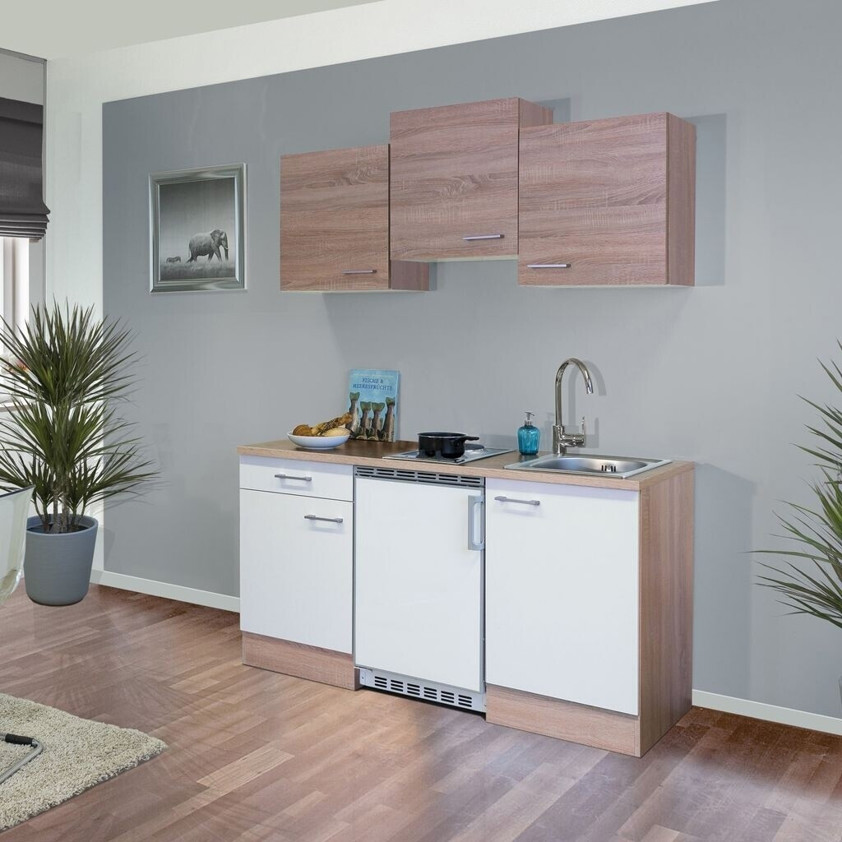 Flex-Well - Kompaktküche Samoa 150 cm - weiß, mit Kühlschrank, mit Kochfeld