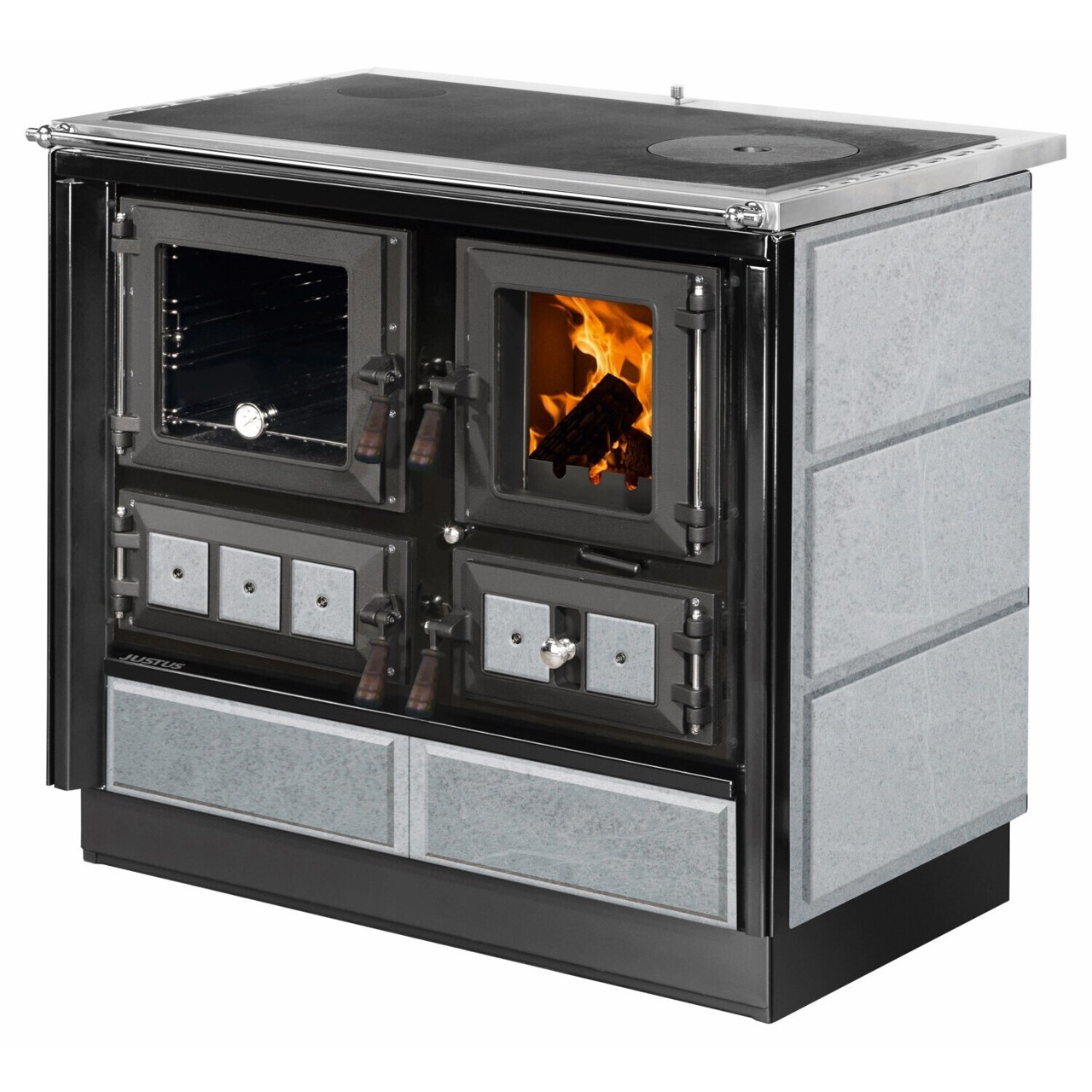 Justus - Rustico-90 2.0 - Holzherd - Stahl, Speckstein, 7 kW, Zeitbrand, Dauerbrand
