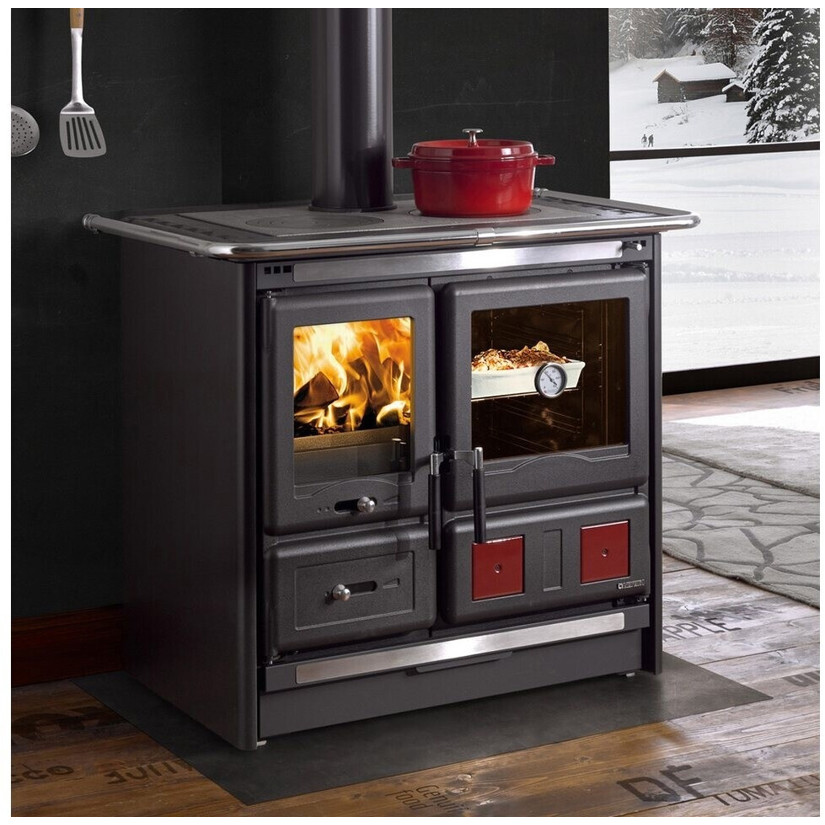 La Nordica - Rosa L - Holzherd Scheitholz 8,1 kW Dauerbrand schwarz Gusseisen Thermometer Scheibenspülung Backofen Rüttelrost