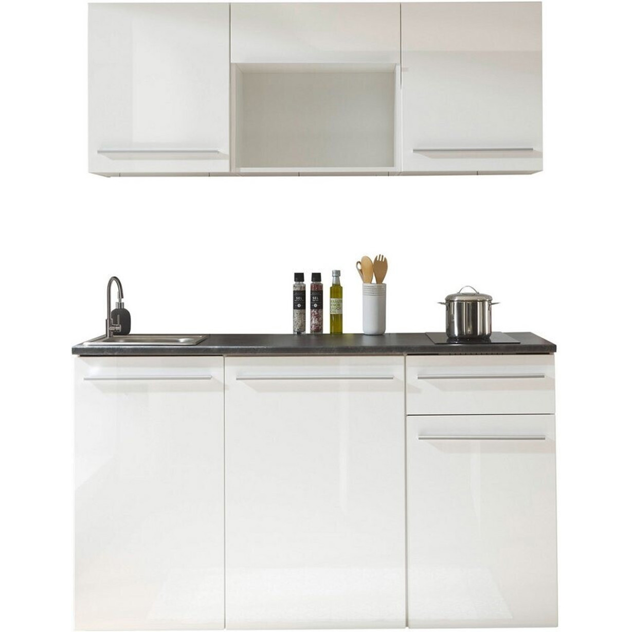 Basic By Balculina - Pantryküche JAZZ - Kompaktküche mit Elektrogeräten, 160 cm, weiß/braun, mit Kühlschrank, Edelstahlspüle, Glaskeramik-Kochfeld