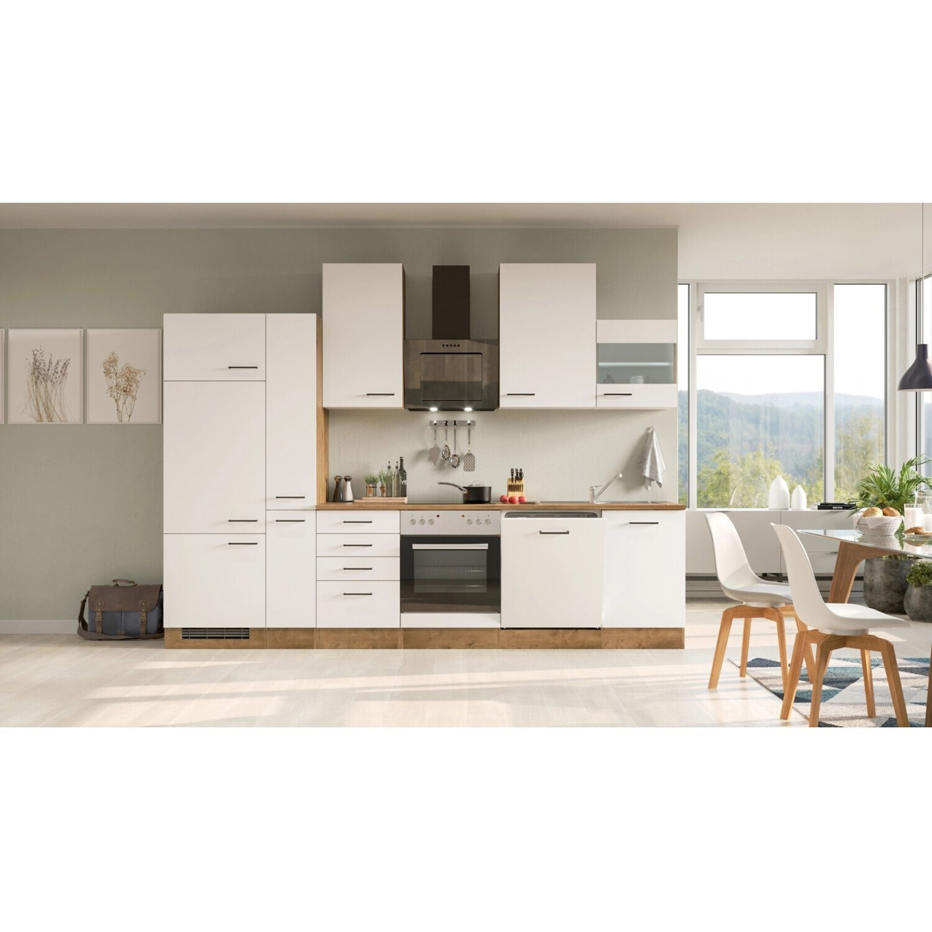 Flex-Well Küchenzeile - 310 cm weiß Eiche Magnolie - Kompaktküche mit Kühlschrank und Spülmaschine