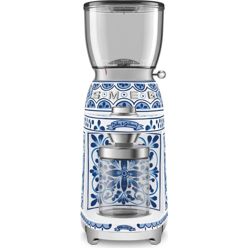 Smeg CGF01DGBEU Kaffeemühle Blu Mediterraneo Dolce Gabbana Kegelmahlwerk Edelstahl 30 Stufen 350g Bohnenbehälter 150W Abschaltautomatik