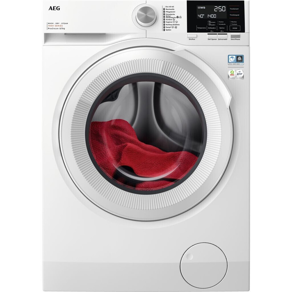 AEG - Waschtrockner - LWR7B60480 - Frontlader, weiß, 8 kg Waschkapazität, 1.400 U/min, ProSteam, ProSense
