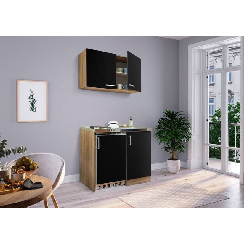 Respekta - Kompaktküche mit Elektrogerät - MK100ESSOS - schwarz, 100 cm Breite, mit Oberschrank, Kochfeld und Kühlschrank