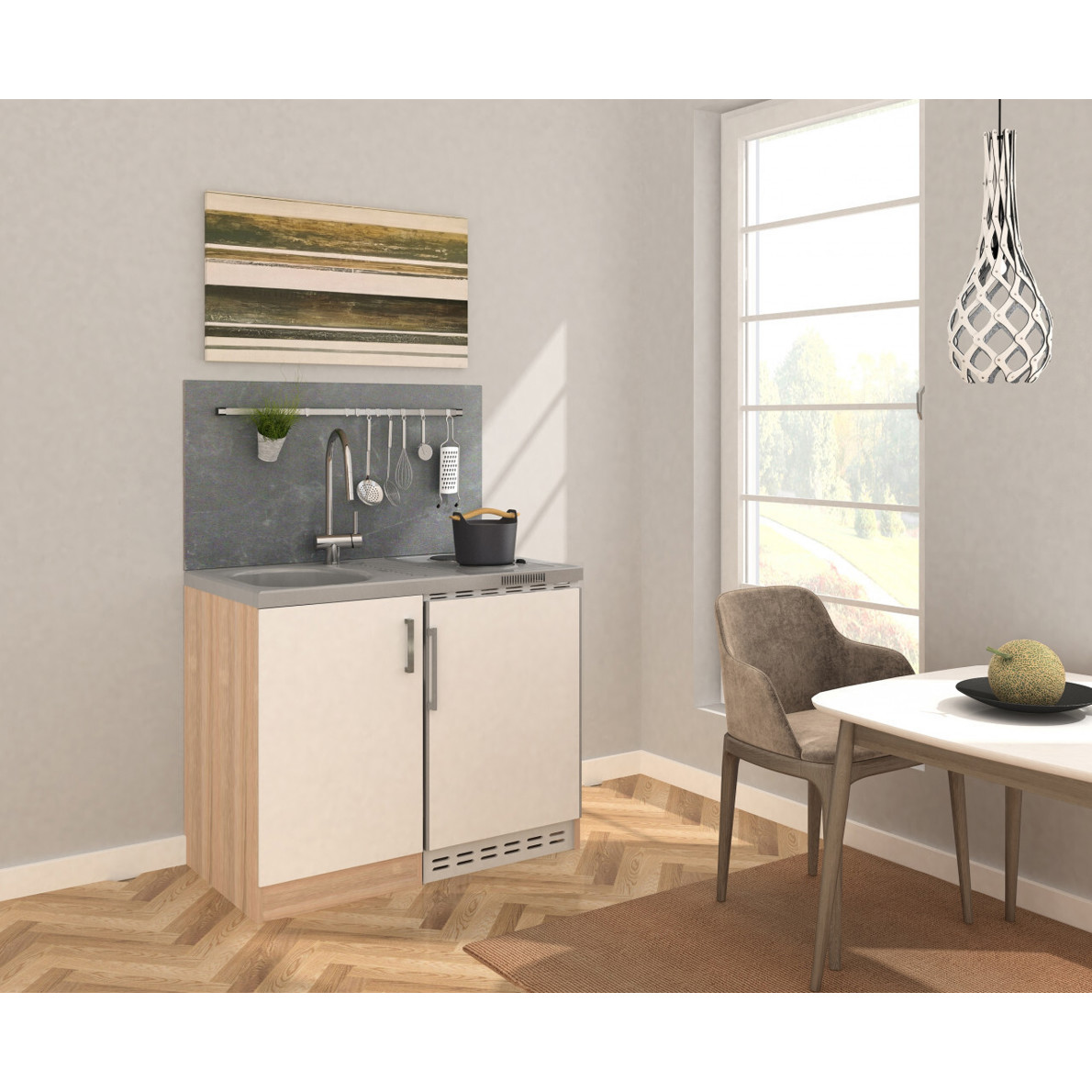 Respekta - Kompaktküche MK100ESWS - 100cm Breite, 87cm Höhe, 68L Kühlbereich, 14L Gefrierbereich, mit Kühlschrank, Kochfeld und Spüle, 39dB(A)